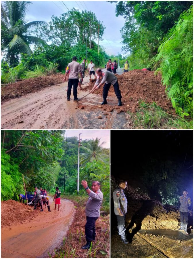 Kapolsek Tabut Gerak Cepat Pimpin Evakuasi Material Longsor, Pulihkan Akses Jalan Vital
