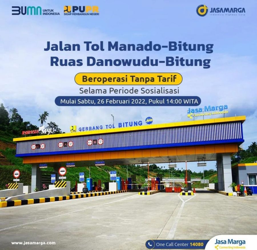 Mulai Hari Ini Sabtu 26 Februari 2022, Jalan TOL Manado-Bitung Beroperasi Tanpa Tarif